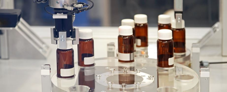 Pharmaceutical bottles on an automated production line